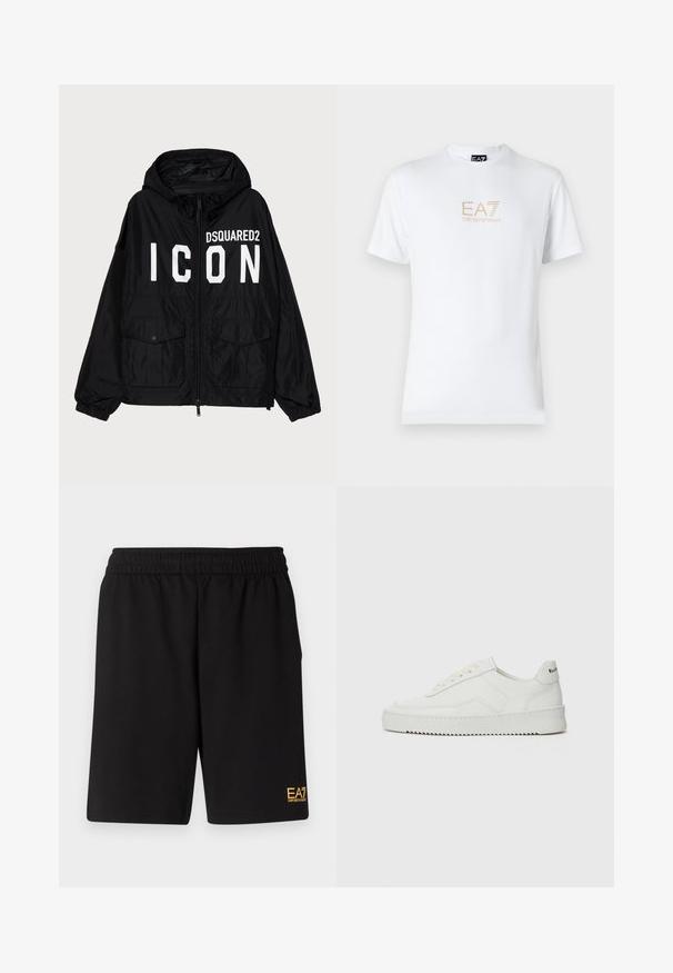 Chaqueta cortavientos negra con capucha, que presenta el texto blanco "DSQUARED2 ICON" en la parte frontal, dos bolsillos frontales y puños elásticos.; Camiseta blanca de algodón con escote redondo y mangas cortas, con un logo dorado de EA7 Emporio Armani impreso en el frente.; Pantalones cortos deportivos negros de tejido suave, con una cintura elástica y un pequeño logo amarillo de EA7 en la parte inferior de la pierna izquierda.; Zapatilla de cuero blanca con un acabado suave, puntera redonda, cordones planos y suela texturizada. Cuenta con un sutil logo en el talón.