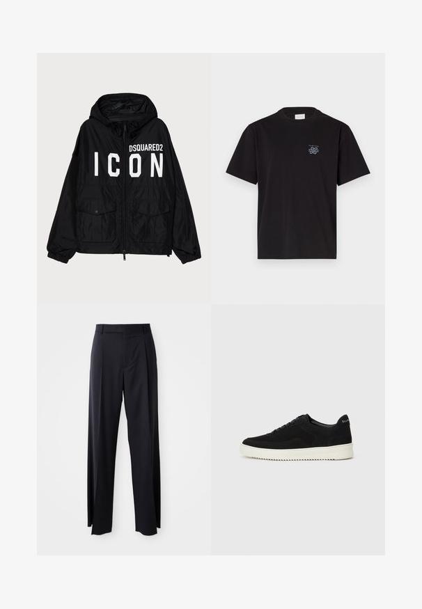 Schwarze Windbreaker-Jacke mit Kapuze, ausgestattet mit weißem "DSQUARED2 ICON"-Text auf der Vorderseite, zwei Fronttaschen und elastischen Bündchen.; Schwarzes Baumwoll-T-Shirt mit Rundhalsausschnitt und kurzen Ärmeln. Mit einem kleinen blauen Logo auf der linken Brust. Einfaches, gerade geschnittenes Design.; Schwarze, hoch taillierte Hose mit weitem Bein, aus glattem Stoff. Verfügt über vorne gelegte Falten und Gürtelschlaufen. Minimalistisches Design, ohne sichtbare Beschläge.; Schwarze Wildleder-Sneaker mit Schnürdesign und kontrastierender weißer Gummisohle. Verfügt über strukturierte Seitenpaneele und dezentes Branding an der Ferse.
