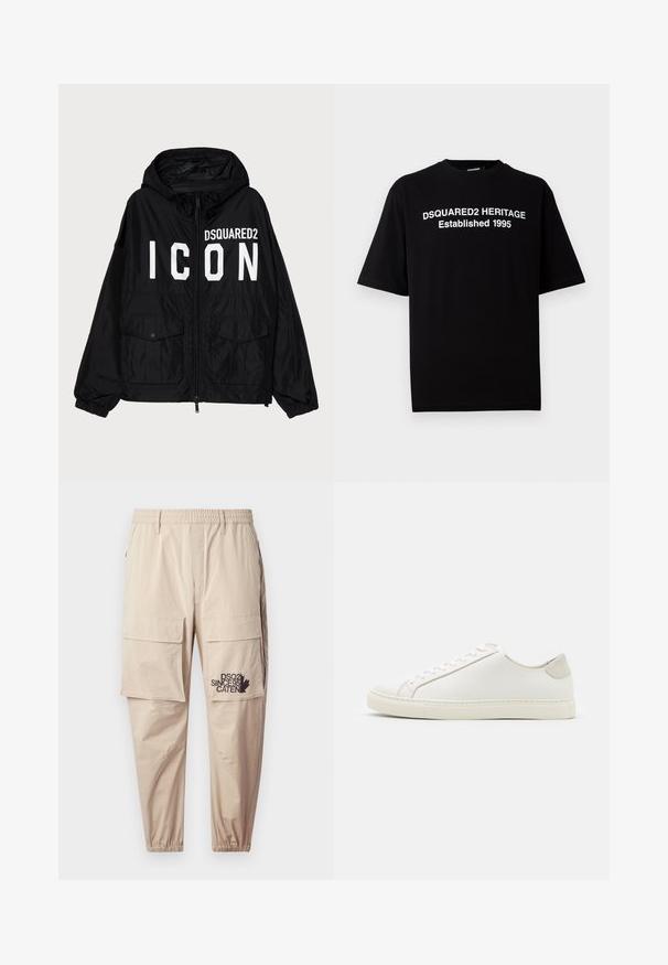 Mustaidest tuULEJK, millel on kapuuts, esiküljel valge "DSQUARED2 ICON" tekst, kaks esikot ja elastsete mansettidega varrukad.; Must soeäriga must T-särk puuvillast, ümar kaelus, mille esiküljel on valge kiri: "DSQUARED2 HERITAGE Asutatud 1995".; Beežid cargo püksid, mis on valmistatud kergest kangast, elastse vöökohtaga, vetthülgavate taskutega ja trükitud logoga vasakul säärel.; Valge nahast sneaker, millel on sile pind, ümar varvas ja minimalistlik disain. Omab beeže aktsente kontsas ja kummist tallat.