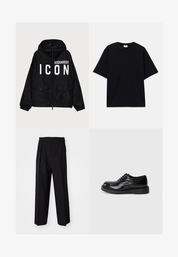 Veste coupe-vent noire avec capuche, ornée du texte blanc "DSQUARED2 ICON" sur le devant, deux poches avant et des poignets élastiqués.; T-shirt noir à manches courtes oversize avec un col rond et une étiquette de marque Filippa K visible à l'intérieur du col.; Pantalons plissés noirs avec un design droit et large. Fabriqués en tissu lisse, avec une fermeture à bouton et des passants de ceinture.; Chaussure en cuir noir à lacets avec un bout rond, surface lisse et une semelle en caoutchouc épaisse dotée de légers rainurages pour une meilleure adhérence.
