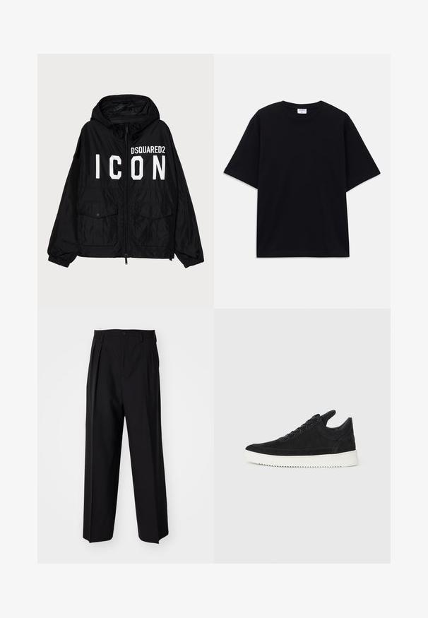 Black windbreaker jacket with a hood, featuring white "DSQUARED2 ICON" text on the front, two front pockets, and elasticized cuffs.; Black short-sleeve oversized T-shirt with round neckline and visible Filippa K brand label inside the collar.; Black pleated trousers with a straight, wide-leg design. Made from smooth fabric, featuring a button closure and belt loops.; Black suede sneaker with a white rubber sole, featuring tonal stitching and lace-up design. Smooth texture with a modern, streamlined shape.