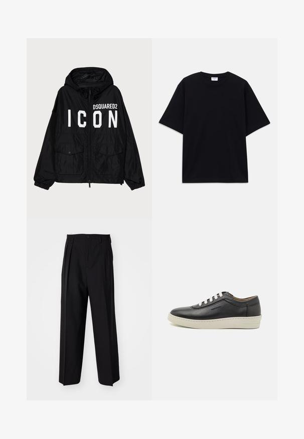 Mustaidest tuULEJK, millel on kapuuts, esiküljel valge "DSQUARED2 ICON" tekst, kaks esikot ja elastsete mansettidega varrukad.; Must t-särk, lühikeste varrukatega, üle mõõdu, ümmarguse kaelusega ja nähtava Filippa K brändi sildiga kaelas.; Mustad volditud püksid sirge ja laia säärega disainiga. Valmistatud siledast kangast, millel on nuppudega sulgemine ja vööaasad.; Must rebenahketsad, millel on valge kummist tald, ümmargune varvas ja lame pael, külgedel õmblused ja diskreetne brändimine.