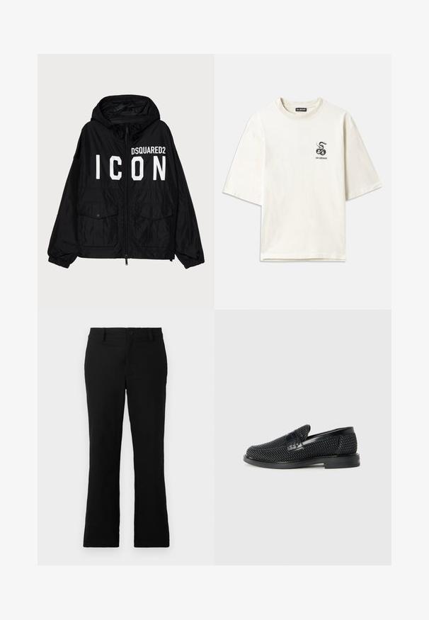 Veste coupe-vent noire avec capuche, ornée du texte blanc "DSQUARED2 ICON" sur le devant, deux poches avant et des poignets élastiqués.; T-shirt oversize couleur crème en coton. Avec des manches courtes et un petit graphique de serpent noir sur la poitrine gauche.; Pantalons évasés noirs en tissu mélangé coton, dotés d'une fermeture à bouton, de passants de ceinture et d'une texture lisse sans motifs visibles.; Chaussure slip-on tissée noire avec un accent en cuir lisse sur le dessus, un design à bout rond et une semelle en caoutchouc à profil bas.