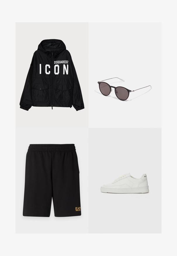 Sort vindjakke med hætte, med hvid "DSQUARED2 ICON" tekst på forsiden, to frontlommer og elastiske manchetter.; Sort bomulds T-shirt med rund halsudskæring, korte ærmer og "EMPORIO ARMANI" logo i hvid over "Milano" i et buet design.; Sorte atletiske shorts lavet af blødt stof, med en elastisk talje og et lille gult EA7-logo nederst på venstre ben.; Hvide lædersneakers med en glat overflade, rund tå, flade snørebånd og en tekstureret sål. Har et diskret logo på hælen.; Sorte runde solbriller med mørke linser og slanke metalarme. Inkluderer klare tempeltips og sølvdetaljer ved hængslet. Minimalistisk design.