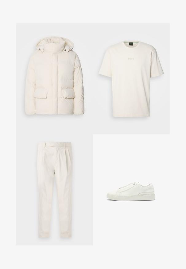 Padded white jacket featuring a high collar, two front pockets, and a smooth texture with a zip fastening. Lightweight and insulated design.; BOSS TEE - Basic T-shirt - open white; White, pleated trousers with a tailored fit, featuring a smooth texture, belt loops, and tapered legs. No visible pockets or patterns.; White leather sneaker featuring a textured upper, a round toe, minimalistic design, and a rubber sole with stitched detailing.