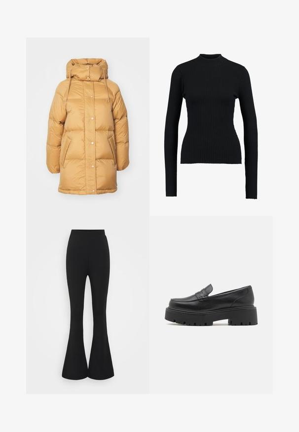 Veste matelassée de couleur marron clair, avec un col montant, des fermetures à pression à l'avant et des poches latérales. Texture lisse avec une finition légèrement brillante.; Pull à col roulé noir à côtes, avec manches longues et une coupe ajustée, présentant une texture lisse et une silhouette structurée.; Pantalons évasés noirs en tissu extensible. Le design présente une taille haute et un ourlet évasé qui s'ouvre en dessous du genou.; Mocassins en cuir noir avec une semelle en caoutchouc épaisse et basse, des détails cousus sur le dessus et une texture lisse.