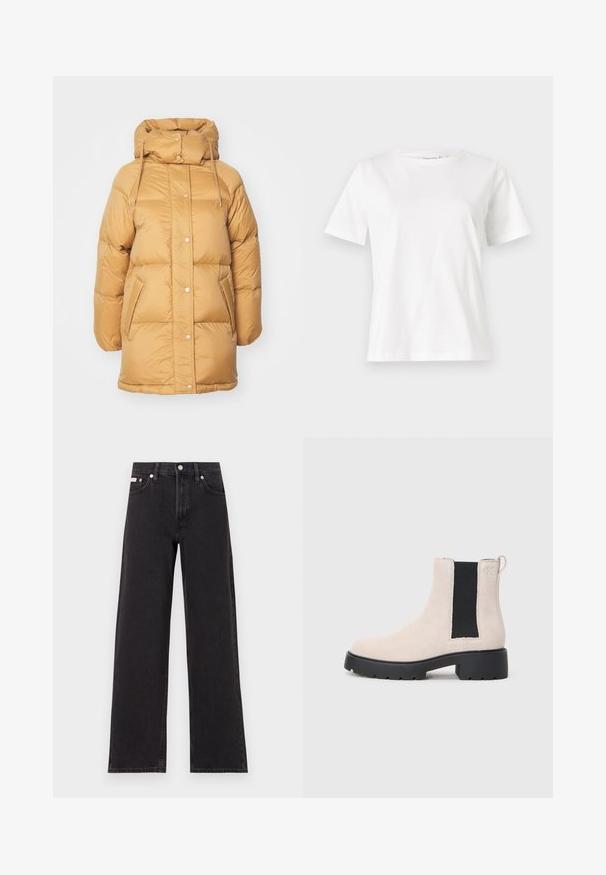 Pufferjack in lichtbruin, met een hoge kraag, drukknoopsluitingen aan de voorkant en zijzakken. Gladde textuur met een licht glanzende afwerking.; Witte katoenen t-shirt met korte mouwen, ronde halslijn en een ontspannen pasvorm. Gladde textuur, geen patronen of accenten, minimalistisch ontwerp.; Zwarte wijde spijkerbroeken van denim, met een hoge taille, vijf-pocket stijl en een metalen knoopsluiting met contrasterende stiksels.; Beige suède Chelsea-boot met zwarte elastische zijpaneel, robuuste zwarte zool en een trekhaak bij de enkel.