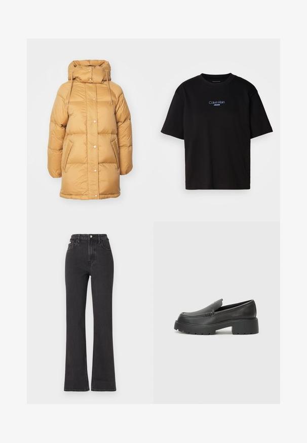 Puffer jacket in light brown, featuring a high collar, front snap closures, and side pockets. Smooth texture with a slightly shiny finish.; Black cotton t-shirt with a round neck, short sleeves, and blue embroidered "Calvin Klein JEANS" logo on the front.; Black high-waisted flared jeans made of denim, featuring a button closure, belt loops, and side pockets. Smooth texture with minimal fading.; Black leather loafers with a rounded toe, thick textured sole, and minimal stitching details. Sleek design with no visible laces or hardware.