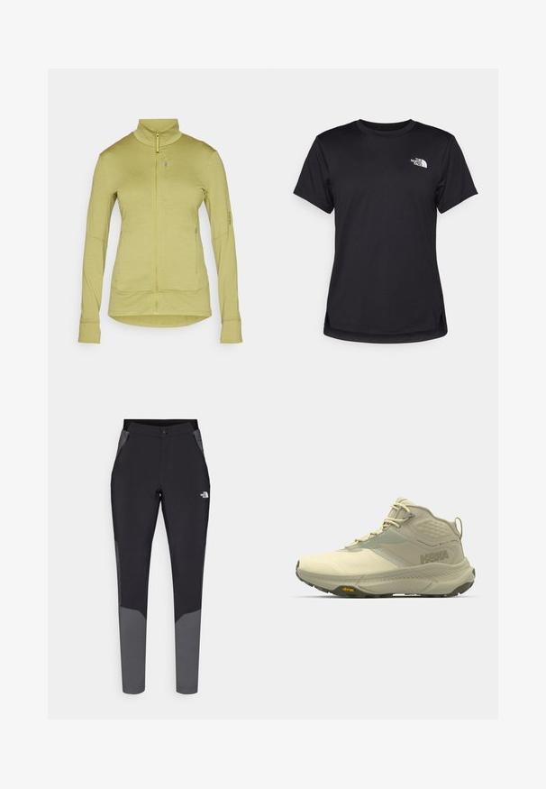 Lysegrønn, langermet jakke med høy krage og hel glidelås. Har broderte detaljer og en glidelåslomme foran.; The North Face FLEX SHORT SLEEVES TEE - T-skjorte til trening - black; Svarte utendørsbukser med grå detaljer, med en tettsittende design, elastisk midje, lommer med glidelås og slitesterkt, lett materiale.; Hoka tursko for hiking i lys beige, med en teksturert overdel, snøring og Vibram yttersåle. Distinktivt sidemerk og støttende design.