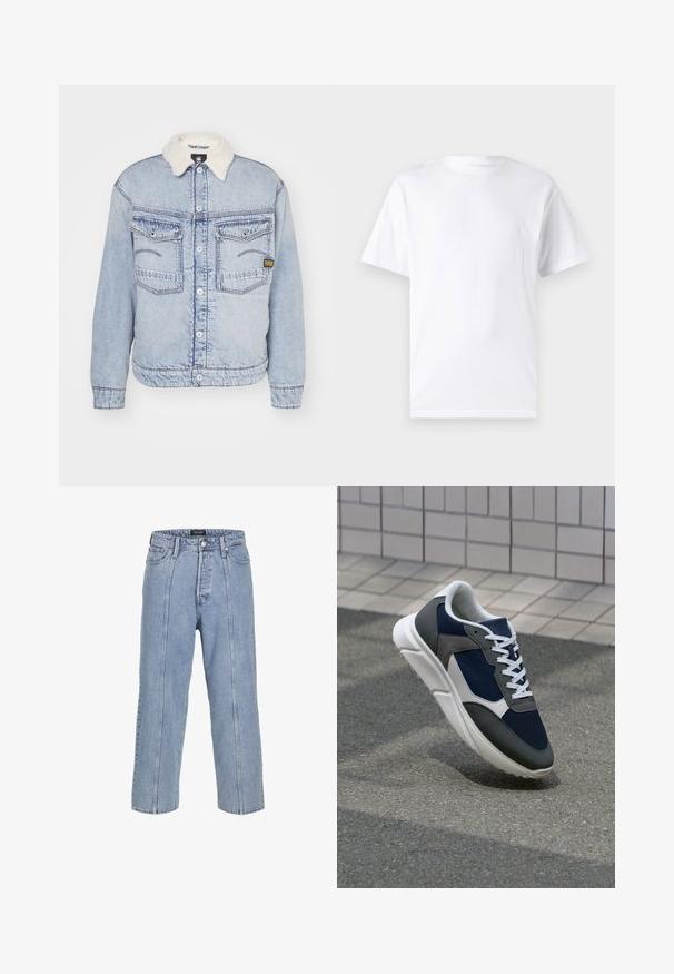 G-STAR DAKOTA JACKET - Teksajakk - sun faded cloudburst; Valge lühikeste varrukatega T-paita, mis on valmistatud puuvillast, laheda kaelusega. T-särk on sileda tekstuuri ja lihtsa disainiga, ilma mustrite või aksessuaarideta.; Heledad sinine teksapüksid, millel on lai lõige, laiad sääred ja nähtavad õmbluse detailid. Omab nööbiga ja lukuga kinni tõmmatavat piirdu, viis taskut.; Sneaker, mille sinine võrkkangas, hallid nubukdetailid, valge kummitald ja lamedad valged paelad, disainitud mugavuseks ja hingavuseks.