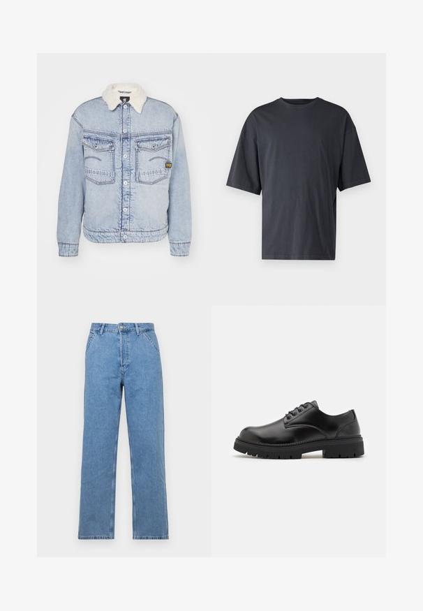 G-STAR DAKOTA JACKET - Denim jacket - sun faded cloudburst; Dark gray short-sleeve t-shirt made of lightweight cotton, featuring a loose fit and classic crew neckline, with plain texture and no patterns.; Light blue denim straight-leg jeans with a classic five-pocket design, featuring a front button closure and belt loops. Smooth texture.; Black leather shoes with a rounded toe, lace-up design, and a thick, textured rubber sole. Features stitching along the edge and a smooth finish.