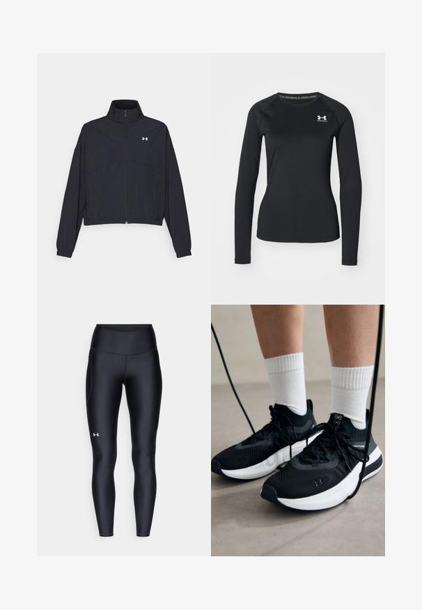 Black zip-up jacket with a high collar, elastic cuffs, and hem. Features a smooth texture and a small white logo on the chest.; Black long-sleeve athletic shirt made of smooth fabric, featuring a round neckline and a small white logo on the left chest.; Black leggings made of smooth, stretchy material with a high waistband. Features a white logo on the left thigh and fitted design.; Black athletic shoes with textured fabric, white sole, and black laces. Worn with white ribbed socks, standing on a light surface.