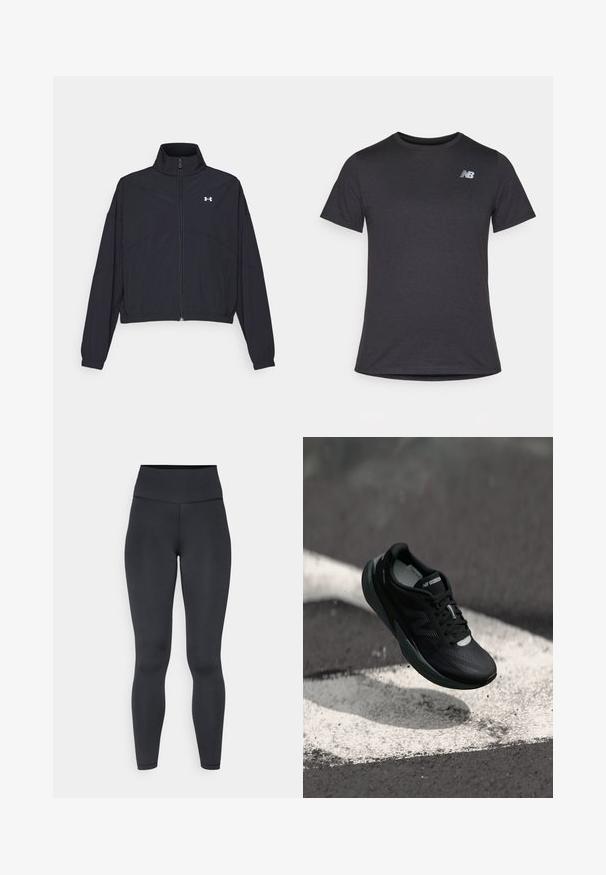Svart zip-up jakke med høy krage, elastiske mansjetter og hem. Har en glatt tekstur og en liten hvit logo på brystet.; Svart kortermet t-skjorte laget av myk stoff, med en liten grå New Balance-logo på øvre venstre bryst, klassisk rund hals design.; Høytlivs sorte leggings laget av elastisk materiale, med en glatt tekstur og tettsittende design, med minimale sømdetaljer.; Svart løpesko med teksturert overdel, slank design og reflekterende detaljer. Har en myk, polstret såle for komfort.