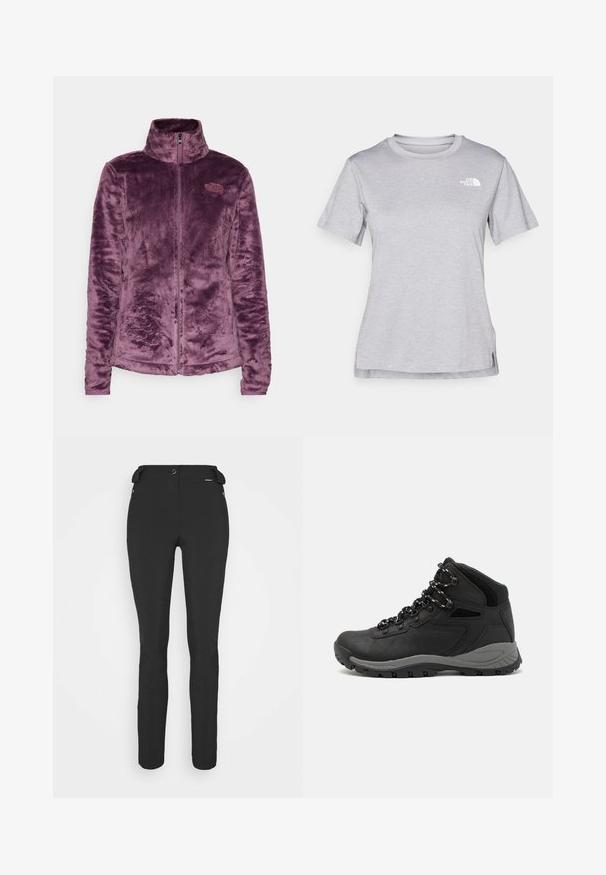 The North Face OSITO JACKET - Fleecejakke - midnight mauve; Grå kortermet t-skjorte laget av myk, fukttransporterende stoff. Har en rund hals og en liten hvit logo på øvre venstre side.; Svart, tettsittende bukser laget av et fleksibelt materiale. Funksjoner inkluderer en glidelåslukket sidelomme, artikulerte knær og en glatt tekstur.; Sorte turstøvler med mid-topp design, som har en teksturert overdel, grå detaljer og slitesterk gummisåle med godt grep.