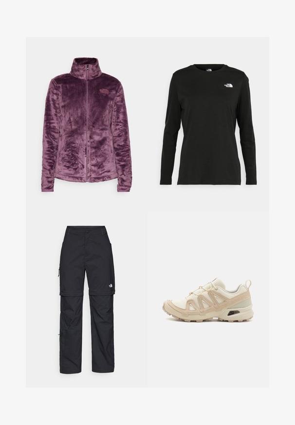 The North Face OSITO JACKET - Fliisjakk - midnight mauve; Must mustahiheline T-särk, millel on pikad varrukad, valmistatud puuvillast ja ümarast kaelusest. Vasakul rinnal on väike valge logo. Lihtne disain ja sobivus.; Mustad nailonist valmistatud eemaldatavad cargo-püksid, reguleeritavate pahkluudega, mitmete taskutega ja paremal jalal logoga. Sile, kerge tekstuur.; Beež ja koobalti spordijalats tekstureeritud võrkkattega, toetavad ülemised kihid ja kummist tallaga, millel on mustriga joonistus haardeks.