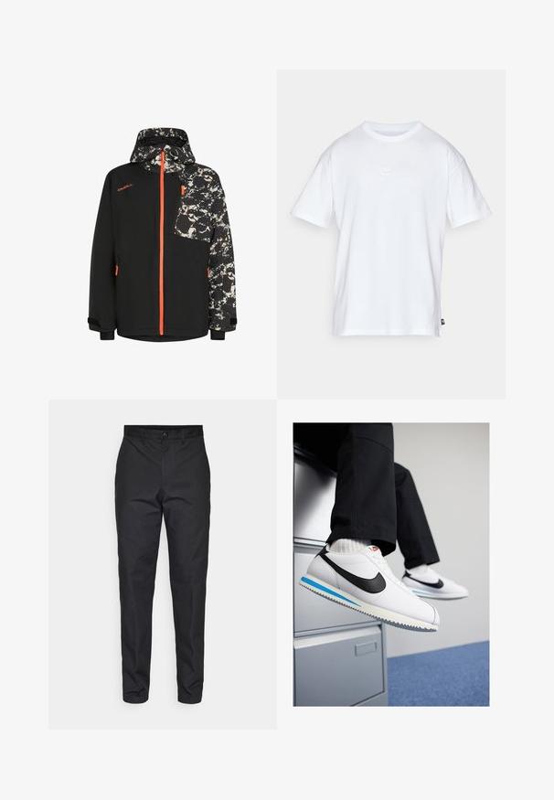 Zwarte jas met een abstract patroon op de capuchon en de mouwen, met oranje ritsdetails en een ritszak op de borst.; Witte katoenen t-shirt met korte mouwen en een ronde hals. Heeft een klein, subtiel Nike-logo op de borst en een zijlabel.; Zwarte broek van een gladde stof, met een rechte pasvorm, knoopsluiting en standaard zakken. Geen zichtbare patronen of accenten.; Witte leren sneakers met een zwarte Nike swoosh, lichtblauwe en grijze rubberen zool, en een klassiek vetersluiting ontwerp. Voeten rustend op een archiefkast.