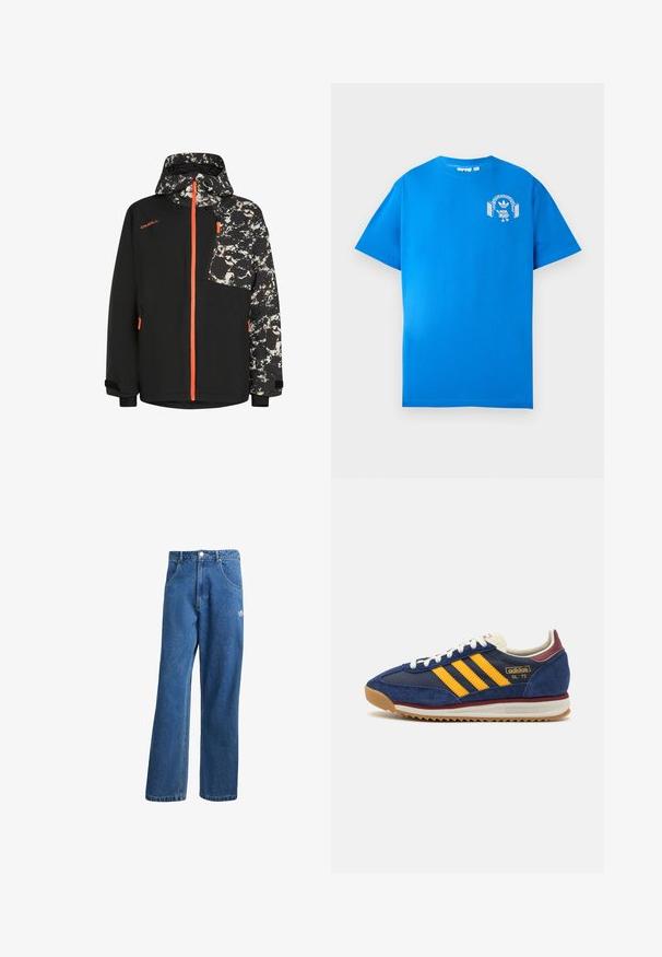 Zwarte jas met een abstract patroon op de capuchon en de mouwen, met oranje ritsdetails en een ritszak op de borst.; Blauwe katoenen t-shirt met korte mouwen. Heeft een witte grafische afbeelding op de voorkant, met een personage met een hoofdtelefoon en een boog.; Blauwe hoge taille wijde spijkerbroek met voorzakken, riemlussen, knoopsluiting en klein Adidas-logo op de rechterdij.; Marine blauwe suède sneaker met gele strepen, witte veters en bordeauxrode accenten. Textuurzool met groeven voor grip. Merksymbool aan de zijkant.