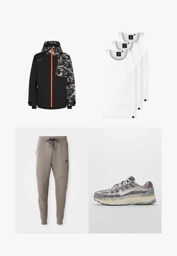 Black jacket with an abstract patterned hood and sleeves, featuring orange zipper accents and a zippered chest pocket.; Three white ribbed tank tops made of cotton. Features a crew neck and small black labels near the hem. Available in multiple sizes.; Gray Nike sweatpants with a drawstring waistband, tapered legs, side pockets, and distinct seam detailing. Soft, textured fabric.; Gray athletic shoe featuring a mesh and suede upper, white accents, a cushioned sole, and a distinctive design with reflective elements.