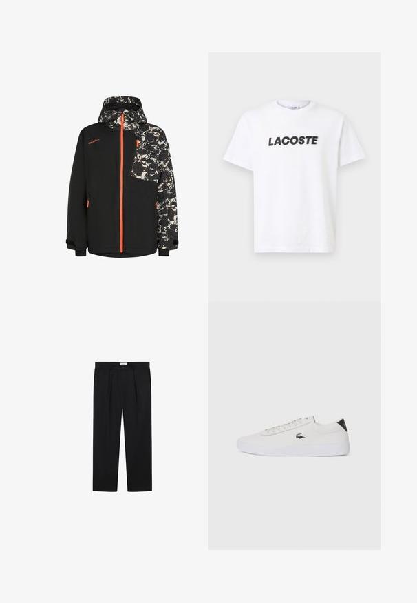 Black jacket with an abstract patterned hood and sleeves, featuring orange zipper accents and a zippered chest pocket.; White cotton t-shirt featuring a prominent black "LACOSTE" logo across the chest. Short sleeves and a crew neck design.; Black tailored pants with front pleats, a straight-leg design, and a button closure. Fabric appears smooth with a slight sheen.; White leather sneaker with round toe, lace-up front, and black heel accent. Features a small embroidered crocodile logo on the side.