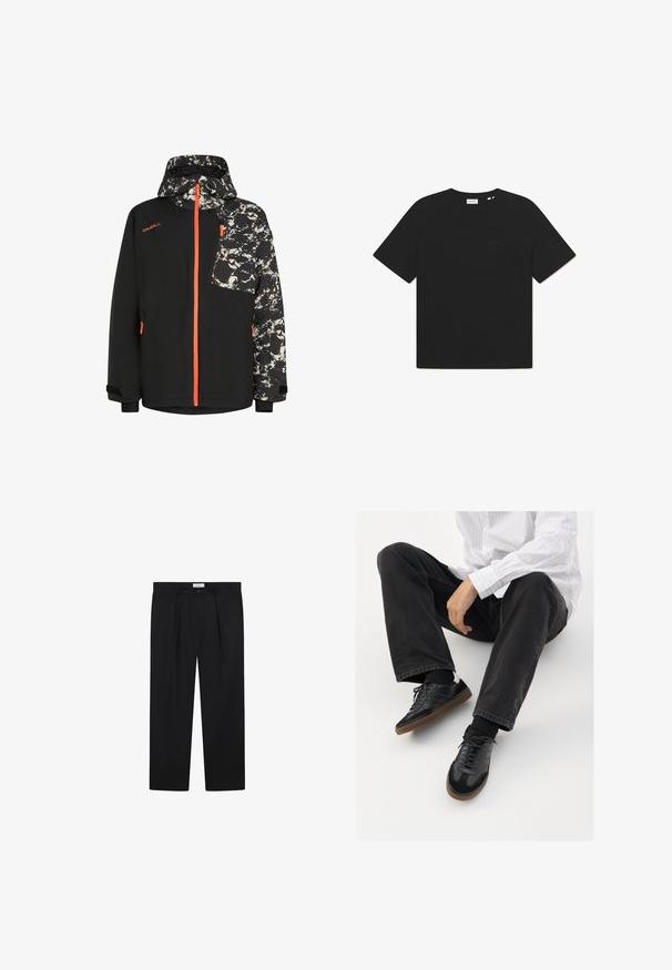 Schwarze Jacke mit einer Kapuze und Ärmeln im abstrakten Muster, mit orangen Reißverschlussakzenten und einer Reißverschlusstasche auf der Brust.; Schwarzes Baumwoll-T-Shirt mit Rundhalsausschnitt und kurzen Ärmeln. Mit einem dezenten Textlogo auf der Vorderseite. Weiche Textur und lockere Passform.; Schwarze maßgeschneiderte Hose mit vorderen Falten, geradem Bein und Knopfverschluss. Der Stoff scheint glatt mit einem leichten Glanz.; Schwarze Sneakers mit einer glatten und strukturierten Oberfläche, ausgestattet mit einer Gummisohle und dunklen Schnürsenkeln. Kombiniert mit schwarzen Jeans und einem gestreiften weißen Hemd.