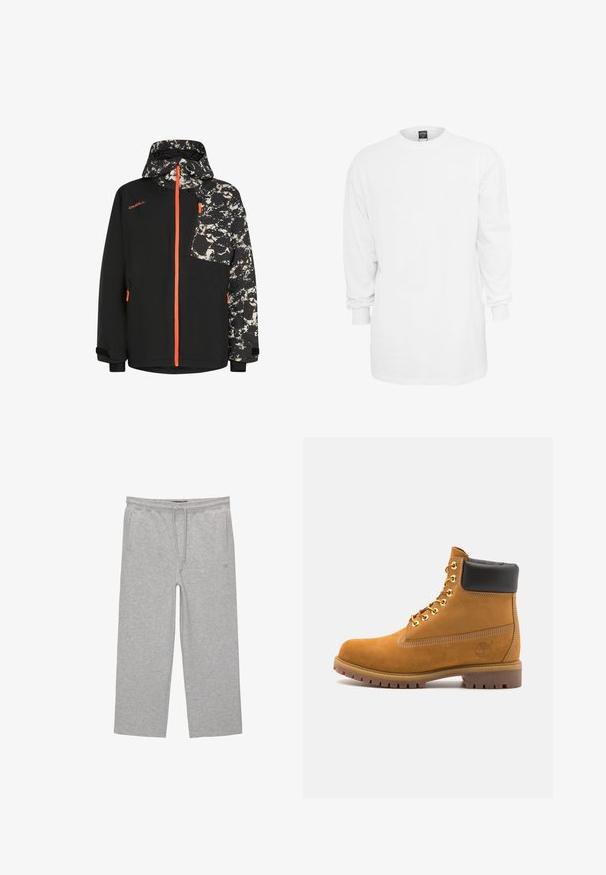 Black jacket with an abstract patterned hood and sleeves, featuring orange zipper accents and a zippered chest pocket.; Long-sleeve white cotton t-shirt with a round neckline, loose fit, and ribbed cuffs. Plain design, no graphics or patterns.; Gray cotton lounge pants with an elastic waistband, drawstring, and two side pockets; straight leg design, soft texture, no patterns.; Tan suede ankle boot with black padded collar, gold metal eyelets, white stitching detailing, and rugged rubber sole with pronounced treads.