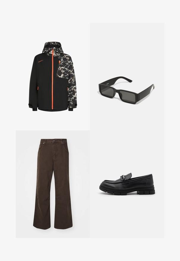 Melnā jaka ar abstraktu rakstu kapuci un piedurknēm, ar oranžām rāvējslēdzēja detaļām un rāvējslēdzēja krūšu kabatu.; Divi pieguļoši iedobumi melnā un baltā krāsā. Izgatavoti no ribota kokvilnas, tiem ir platai siksnas un apaļi kakli. Zīmols uz apkakles.; Brūni plaša piegriezuma bikses, kas izgatavotas no kokvilnas, ar augstu jostasvietu, priekšējiem kabatām un gludu tekstūru. Apdare ietver smalkas šuvju detaļas.; Melnas ādas loafer kurpes ar noapaļotu purngalu, dekoratīvu jostu un aparatūru, kā arī masīvu teksturētu zoli. Gluda virsma ar smalkām detaļām.; Melnas saulesbrilles ar taisnstūra lēcām, matēta plastmasas rāmja un taisnām malām. Uz iekšējās rokas ir zīmola logo.; Sudraba ķēdes kaklarota ar bieziem gredzeniem un centrālu apļa kulonu ar sarežģītu detaļu izstrādi. Gluda, atstarojoša metāla virsma.