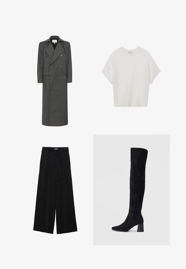 Grå ulltrenchcoat med dubbelknäppt front, stora slag, två framfickor och en lång, rak skärning. Matta knappdetaljer.; Vit kortärmad t-shirt med bred rund halsringning och texturerad ribbad mönster, tillverkad av mjukt material, med avslappnad passform och en ren design.; Svarta vida byxor med texturerad tyg, elastisk midja och en avtagbar käppknut i midjan för justerbar passform.; Svarta mocka knähöga stövlar med klack, spetsig tå och slät, sömlös design mot en ljus, enfärgad bakgrund.