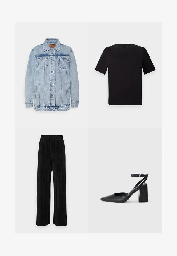 Light blue denim jacket with a button-up front, two chest pockets, and side pockets. Features a classic collar and stitched detailing.; Black short-sleeve t-shirt with a round neckline, crafted from soft cotton fabric. Simple design, no visible logos or patterns.; Black pleated trousers with an elastic waistband. Features wide legs and a smooth, textured fabric with vertical stripes.; Black leather pointy-toe pump with an ankle strap and a chunky heel. Flat texture, sleek design, and minimalistic aesthetics.