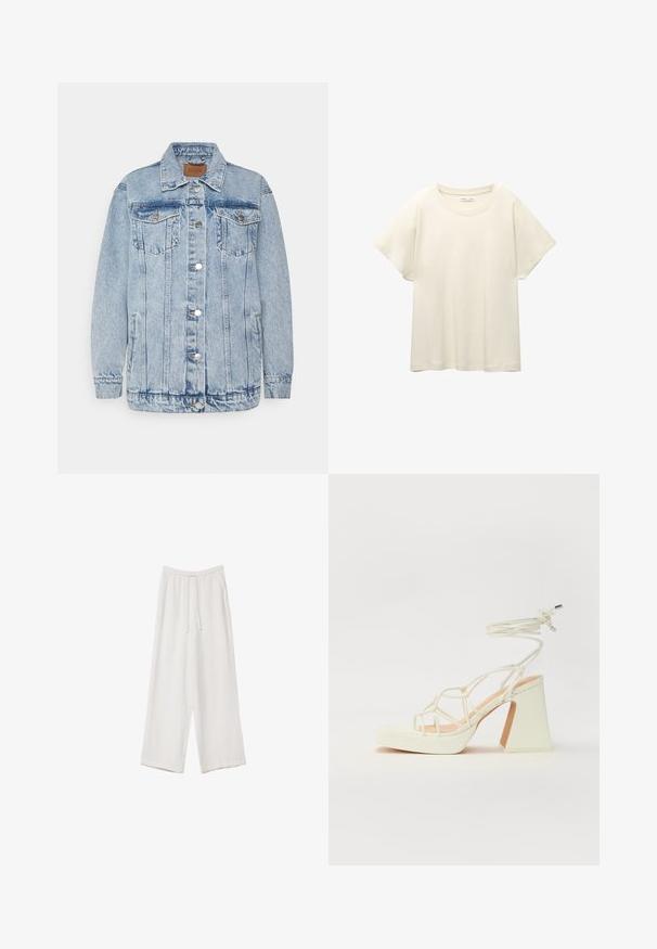 Vaaleansininen farkkutakki, jossa on nappikiinnitys, kaksi rintataskua ja sivutaskut. Sisältää klassisen kauluksen ja ommeltuja yksityiskohtia.; Vaaleanbeige lyhythihainen t-paita, jossa on pyöreä kaula-aukko, valmistettu pehmeästä ja sileästä kankaasta. Ominaisuuksina rento mitta ja suora helma.; Valkoiset leveälahkeiset housut kevyestä kankaasta. Ominaisuuksiin kuuluu elastinen vyötärö, jossa on nauhakuuluma ja sivutaskut. Sileä rakenne.; Valkoinen korkokenkä, jossa on paksu korko, ja joka sisältää nauhakiinnityksen ja nilkkaketjun. Sujuva pinta, jossa on platform-etupohja lisäkorkeutta varten.