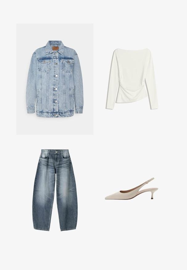 Light blue denim jacket with a button-up front, two chest pockets, and side pockets. Features a classic collar and stitched detailing.; White long-sleeve women's top with boat neckline, ruched waist detailing, and slightly fitted silhouette.; Wide-leg jeans made of light blue denim with fading, featuring a five-pocket design, button fly, and minimal stitching details.; Beige slingback heels with a pointed toe and a low, flared heel. Made from smooth leather with a minimalistic design and adjustable strap.