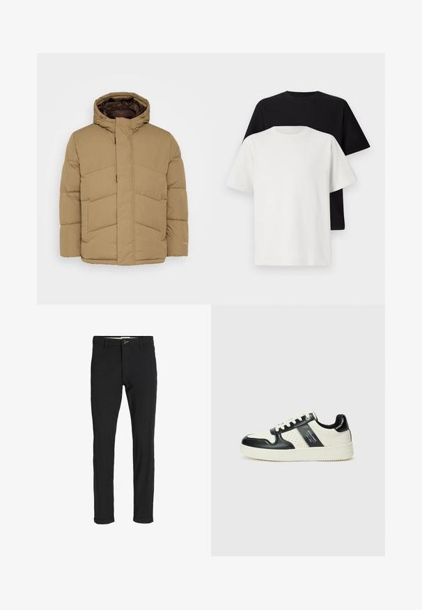 Jack & Jones JJWORLD PUFFER JACKET - Winter jacket - elmwood; Cotton t-shirt set featuring a black top and a white top, both with short sleeves, round neckline, and standard fit. Textured fabric.; Black cotton blend pants with a slim fit, featuring a button closure, pockets, and rolled cuffs for a casual finish.; Leather sneakers with a black and cream color scheme, featuring perforated accents, a padded collar, and a textured outsole.