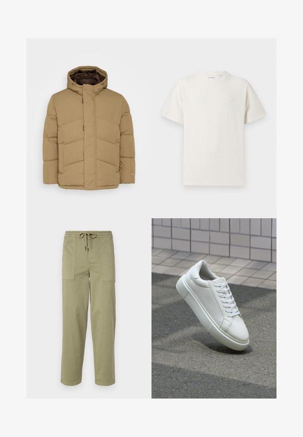Jack & Jones JJWORLD PUFFER JACKET - Winter jacket - elmwood; White short-sleeve T-shirt in a ribbed texture. Round neckline, relaxed fit, no visible patterns or accents. Simple and versatile design.; Light olive green pants made of cotton blend fabric, featuring an elastic waistband with drawstring, and two large side pockets.; White leather sneaker with a smooth surface, round toe, and flat white laces. Features a textured rubber sole and minimal design elements.