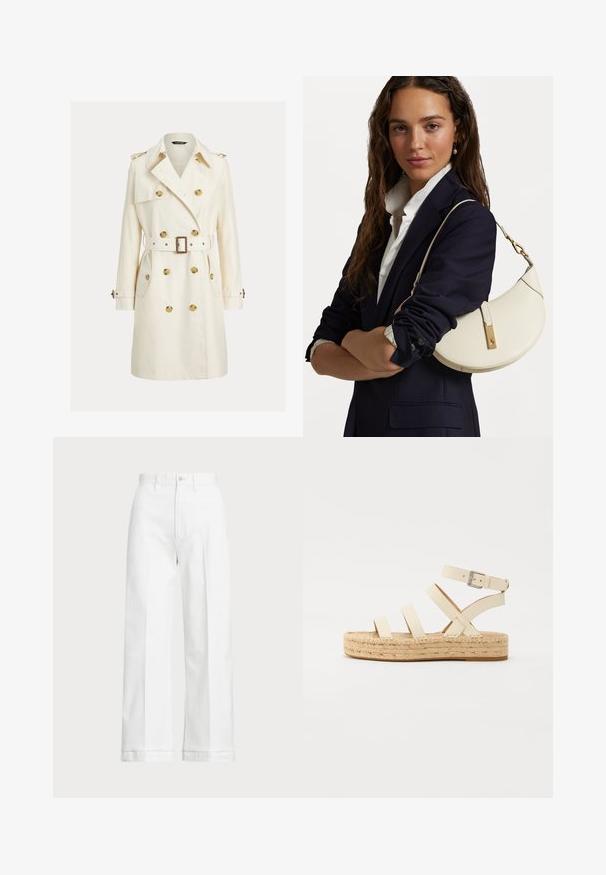 Double-breasted trench coat in cream fabric, featuring gold buttons, matching belt, and shoulder epaulettes. Long sleeves and side pockets.; White sleeveless sweater made of smooth cotton, featuring a ribbed hem and a small navy logo on the bottom left. Simple design, no patterns.; White wide-leg trousers with a high waist, featuring a button closure and subtle stitching details. Made from cotton with a smooth texture.; Beige leather sandals with crossed straps, buckle detail, and a jute platform sole. The design features a thick woven texture and flat base.; White leather handbag with a curved shape, gold hardware, and a textured finish, worn over a dark blazer and white shirt.