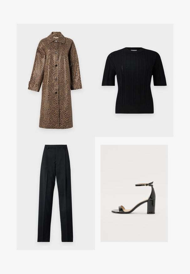 Brūns leoparda raksta mētelis ar spīdīgu tekstūru, ar apkakli, garām piedurknēm un melniem pogām gar priekšpusi.; Filippa K BRAID - Džemperis - black; Melnas bikses, izgatavotas no gludas auduma, ar augstu vidukli, platiem bikšu galdniekiem, priekšējiem krokām un klasiskām jostu cilpām. Sānu kabatas nav redzamas.; Melnas patentā ādas sandales ar platām papēžiem, atvērtu purngalu un potītes siksniņu ar zelta sprādzi. Gluda tekstūra un elegants dizains.