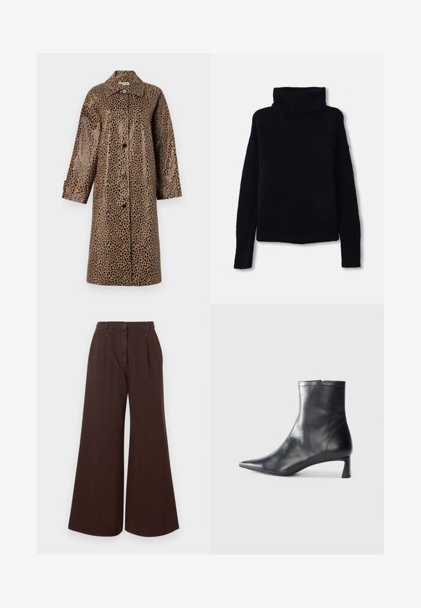 Brown leopard print coat with a glossy texture, featuring a collar, long sleeves, and black buttons along the front.; Black, chunky knit sweater with a high, ribbed turtleneck and long sleeves. Soft texture, straight-cut hem, and no visible patterns or embellishments.; High-waist wide-leg brown pants with button and zipper closure, belt loops, and front pleats.; Black leather ankle boot with a pointed toe and a sleek design. Features a low heel and a zipper closure at the back. Smooth texture.