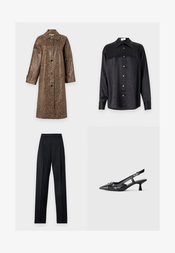 Brown leopard print coat with a glossy texture, featuring a collar, long sleeves, and black buttons along the front.; Black long-sleeve shirt with a collared neckline, featuring a crinkled texture, full button front, and cuffs. Made from a smooth fabric.; Black trousers made from smooth fabric featuring a high waist, wide legs, front pleats, and classic belt loops. No side pockets visible.; Black leather slingback shoe with a pointed toe, decorative straps featuring metal eyelets, and a low block heel. Textured surface.