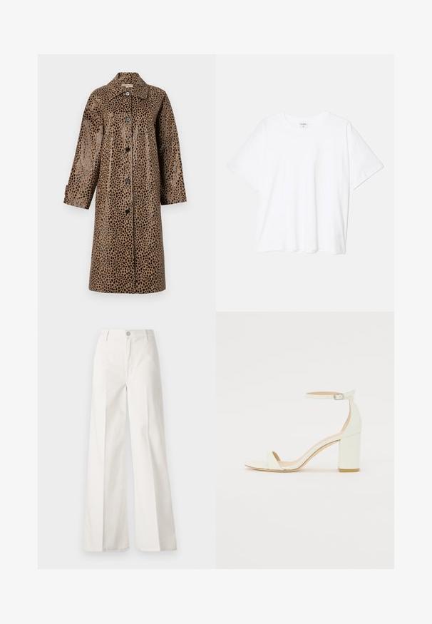 Barna leopárdmintás kabát fényes textúrával, gallérral, hosszú ujjal és fekete gombokkal az elején.; Fehér pamut póló rövid ujjal, kerek nyakkivágással, laza fazonnal és varrott szegéllyel. Címke látható a belső nyakrészén.; Fehér, bővebb nadrág, amely pamutból készült, sima textúrával. Elöl gombbal, cipzáras záródással és négy zsebes kialakítással rendelkezik.; Fehér bőrsarkú szandál bokaankarral és csattal, minimális dizájnnal. Nyitott orrú és sima textúrákkal az egész felületen.