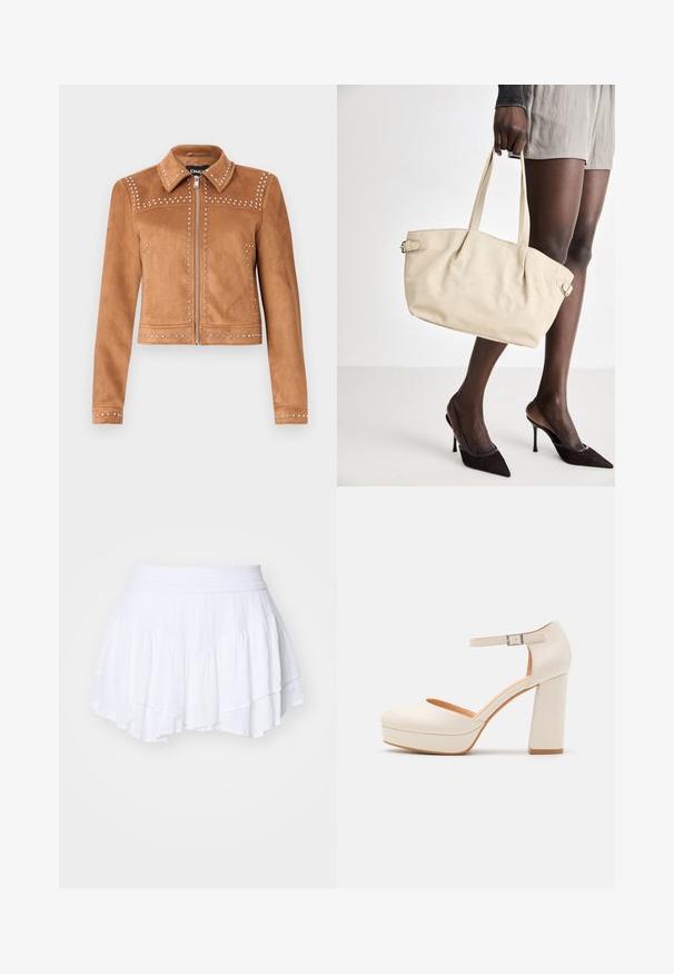 Veste en faux suède marron avec des accents cloutés, col, fermeture éclair à l'avant et manches longues. Présente des clous décoratifs le long des coutures.; Pull en maille brun flou avec des manches longues, un col côtelé haut et une patte de boutonnage avec six boutons noirs à l'avant et aux poignets.; Hollister Co. TIERED FEMME - Jupe plissée - bright white; Talons compensés de couleur crème avec un bout rond et une bride de cheville réglable. Présente un talon épais avec une légère accent en bois.; Sac tote beige avec une finition en cuir lisse, une forme structurée, deux poignées et des détails de boucle sur les côtés. Associé à des talons noirs élégants.; Un bandeau en créme rembourré avec un design torsadé, associé à une chemise rayée beige et blanche à col rond. Accent de bijoux discrets.