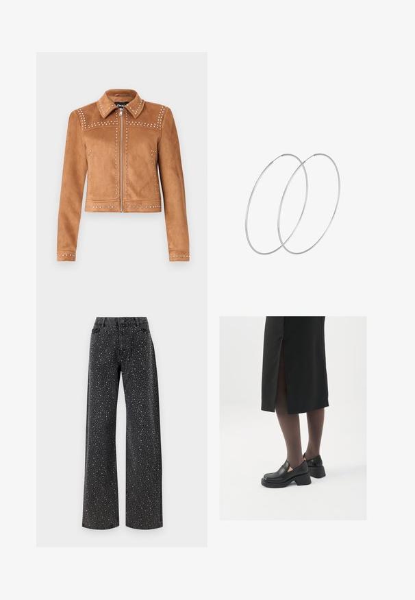 Giacca in similpelle scamosciata marrone con accenti borchiati, colletto, chiusura con cerniera e maniche lunghe. Presenta borchie decorative lungo le cuciture.; Body nero con maniche lunghe, caratterizzato da un scollo a V in rete e dettagli arricciati sulle spalle. Tessuto morbido con una forma aderente.; Noisy May NMJANNEL LOOSE - Jeans baggy - black denim; Scarpe in pelle nera con punta arrotondata, tacco spesso a blocco e accenti laterali in elastico, abbinate a collant scuri e una gonna nera con uno spacco.; Orecchini a cerchio in argento con un design minimalista. Forma circolare, superficie liscia e profilo sottile. Leggeri con una finitura lucida.