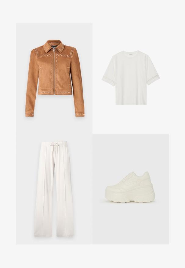 Ruda dirbtinė zomšinė striukė su kalnų akmenimis, apykaklės iškirpte, užtrauktuku priekyje ir ilgomis rankovėmis. Savybės dekoratyviniai kalnų akmenys palei siūles.; Balta trumpomis rankovėmis marškinėliai, pagaminti iš medvilnės, su dekoratyviais nėriniais aplink rankoves ir apvaliu kaklu.; Šviesiai smėlio spalvos sportinės kelnės, pagamintos iš minkštos medžiagos, su raišteliu juosmenyje, plačiomis ilgomis kojomis ir vertikaliomis siūlėmis, turinčios lygų paviršių.; Baltos platformos sportbačiai su lygiu odos primenančiu paviršiumi, apvalia forma, paminkštintu apykakle ir tekstūruotu guminiu padu su ryškiais protektoriais.