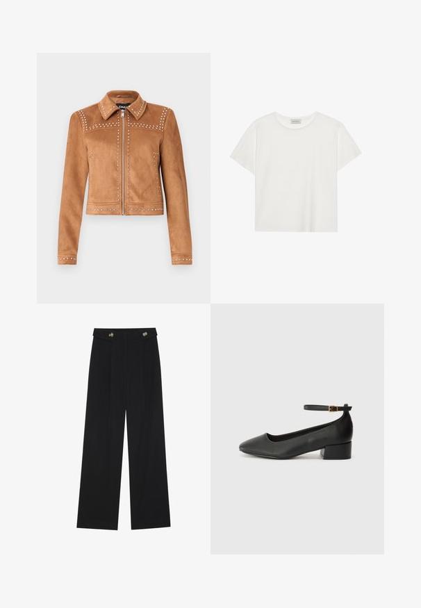 Brun faux suede jakke med nitter, kravehals, lynlås foran og lange ærmer. Har dekorative nitter langs sømmene.; Hvid kortærmet T-shirt lavet af blødt bomuld. Har en rund halsudskæring og en afslappet pasform. Rent design uden synlige mønstre eller accenter.; Sorte vide bukser med høj talje, knapdetaljer på taljebåndet og frontfald.; Sorte læderpumper med spids tå og en lav blokhæl. Har en ankelrem med en guldfarvet spænde. Glat tekstur.