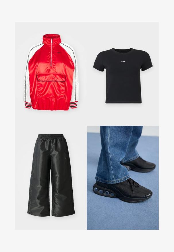 Rød satinjakke med høy krage, halv-glidelås foran og hvite sidepaneler. Inkluderer en frontlomme og stripete mansjetter. Svart logodetalj.; Svart T-skjorte med kort arm laget av bomull med rund hals. Har en hvit Nike-logo på brystet, minimalistisk design og tettsittende fasong.; Svarte treningsbukser med en blank, glatt stoff, som har et elastisk liv, vide ben og en liten logo på venstre side.; Svart treningssko med mesh-overdel, teksturerte detaljer og synlige luftputepoder i sålen. Bærer med blå denimjeans.