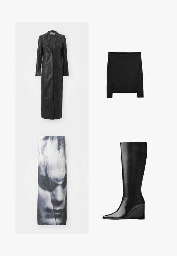 Weekday NANCY COAT - Klassischer Mantel - shiny black; Schwarzes Langarmoberteil mit lockerer Passform, aus weichem Stoff hergestellt. Verfügt über ein schulterfreies Design und seitliche Schlitze für optimale Bewegungsfreiheit.; Schwarz-weißer langer Rock mit einem grafischen Druck eines Gesichts, mit glatter Textur und taillierter Silhouette.; Knöchelhohe schwarze Lederstiefel mit schlanker, spitzer Zehenform und Wedge-Absatz. Die Oberfläche ist glatt mit einem glänzenden Finish.