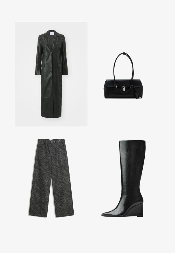 Weekday NANCY COAT - Klasický kabát - shiny black; Čierny dlhý rukáv vrchný diel s voľným strihom, vyrobený z mäkkého materiálu. Obsahuje dizajn bez ramienok a bočné rozparky pre pohodlný pohyb.; Čierne denimové široké nohavice s jemným vzorom leopardy, kovovými cvočkami na pások a klasickým dizajnom s piatimi vreckami.; Čierne kožené topánky po kolená s úzkym, špicatým nosom a klínovým podpätkom. Povrch je hladký s lesklým povrchom.; Čierna kožená kabelka s hladkou textúrou, štruktúrovaným dizajnom, dvojitými uchami a strieborným detailom na zapínaní v strede.