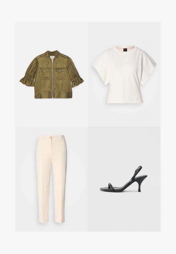 Giacca in satin verde oliva con maniche corte e a sbuffo, polsini arricciati, due tasche sul petto e chiusura con zip frontale.; T-shirt bianca cropped, maniche corte e larghe, tessuto di cotone morbido, scollatura rotonda con bordino arancione sottile, design minimale, senza motivi o grafiche.; Pantaloni color crema a vita alta realizzati in un tessuto testurizzato. Presentano una chiusura frontale con bottone e gambe affusolate.; Sandali con tacco alto in pelle nera, con tacco sottile e curvo e design a fascia incrociata. Cinghia alla caviglia regolabile. Texture liscia.