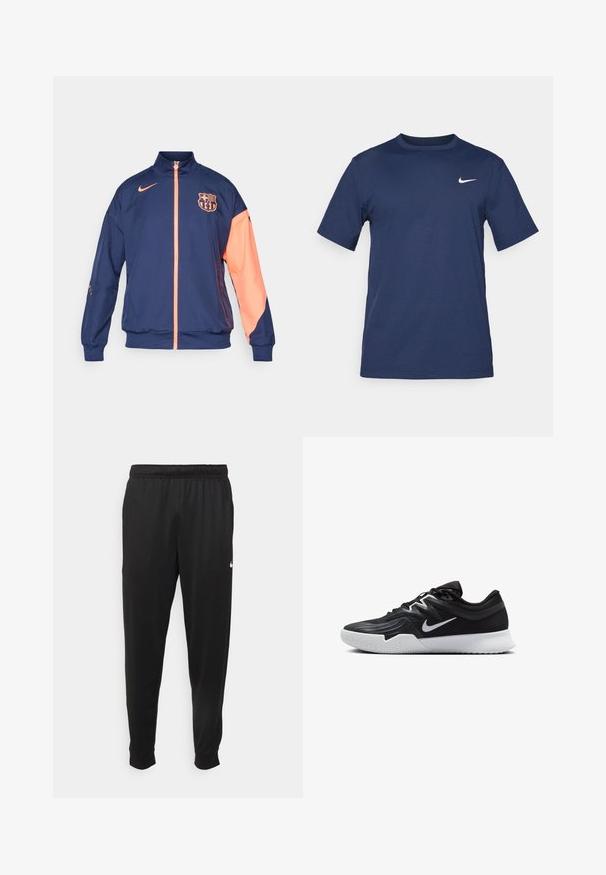 Giacca Nike del FC Barcelona di colore blu scuro con accenti corallo, caratterizzata da una chiusura a zip completa, colletto alto e logo sul petto e sul braccio.; T-shirt Nike blu navy in morbido tessuto, con maniche corte, collo a giro e un piccolo logo bianco sulla parte superiore sinistra del petto.; Pantaloni sportivi neri realizzati in tessuto liscio, con una vita elastica, gambe affusolate e un piccolo logo bianco sul lato sinistro.; Scarpa sportiva nera con tomaia testurizzata, logo Nike swoosh bianco e suola in gomma bianca. Presenta un design con lacci e una forma dinamica.