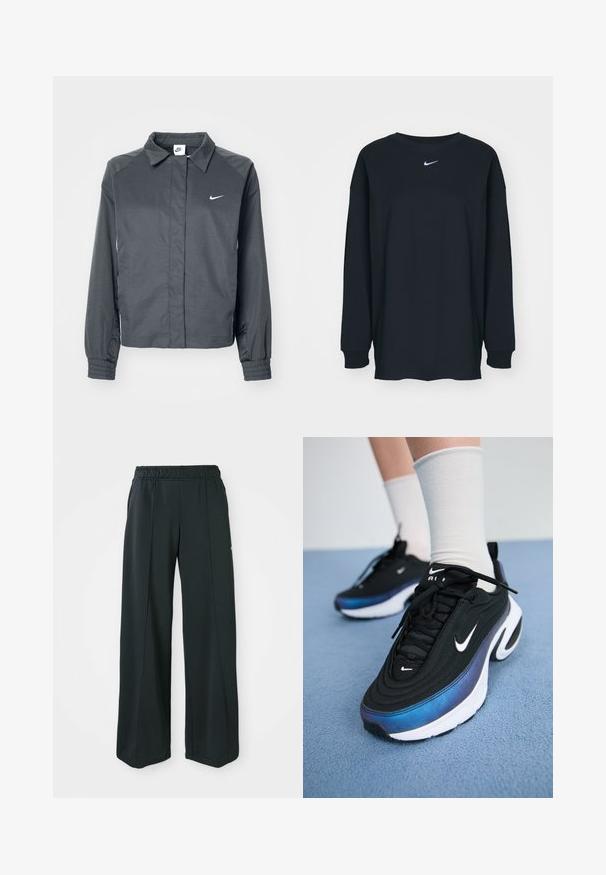 Nike Sportswear Chaqueta fina - black; Camiseta negra de manga larga hecha de algodón con cuello redondo. Presenta un logo blanco de Nike en el pecho. Textura suave, diseño sencillo.; Pantalones deportivos negros de pierna ancha con cintura elástica. Hechos de una tela suave y elástica, presentan costuras frontales sutiles y sin bolsillos.; Zapatillas Nike negras con un upper de tejido suave, que presentan un diseño en degradado de azul a negro, suela blanca y acentos de logotipo prominentes.