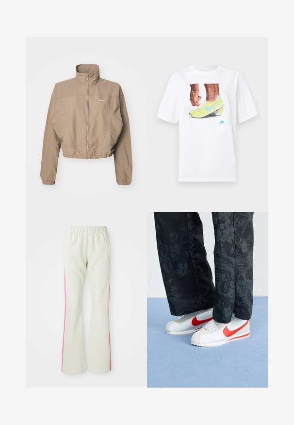 Kuttet, beige Nike-jakke med høy krage, full front glidelås, elastiske mansjetter og en liten logo på venstre bryst. Teksturert stoff.; Hvit bomull t-skjorte med et grafisk motiv av føtter i gule Nike fotballsko med blå detaljer, kombinert med et armbånd på venstre håndledd.; Lys beige bukser med elastisk linning, med rosa sidepaneler og sidelommer. Glatt tekstur med rett ben-design.; Hvit Nike-sneakers med røde detaljer, kombinert med svarte bukser med blomstermønster. Teksturen er glatt med en flat flette-såle.