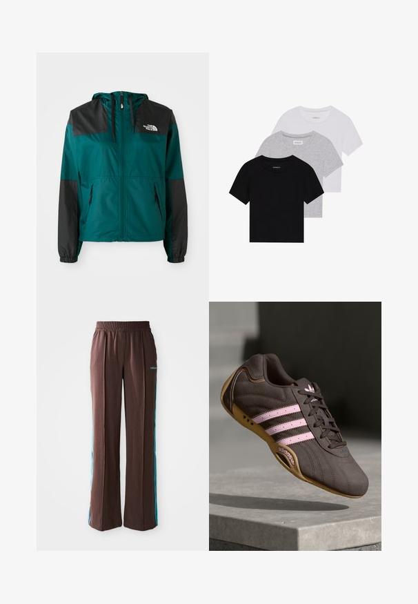 Teal värviline windbreaker jakk mustade paneelidega, kinnitatud kapuuts, ees olev tõmblukk ja elastsed mansetid. Omab küljetaskuid ja logo rinnal.; Kollektsioon kolm lühikese varrukaga T-särki mustas, hallis ja valges värvitoonis. Valmistatud puuvillast, ümmarguse kaelusega ja lihtsa, ühevärvilise disainiga.; Pruunid spordipüksid, millel on soonikkoes, elastne vöökoht ja türkiissinised külje triibud. Esiosas on adidas logo.; Pruunist nahast sportlik king, millel on roosa triip ja logo, tekstureeritud ülemine osa, paeltesulgur ning kummist tallad.