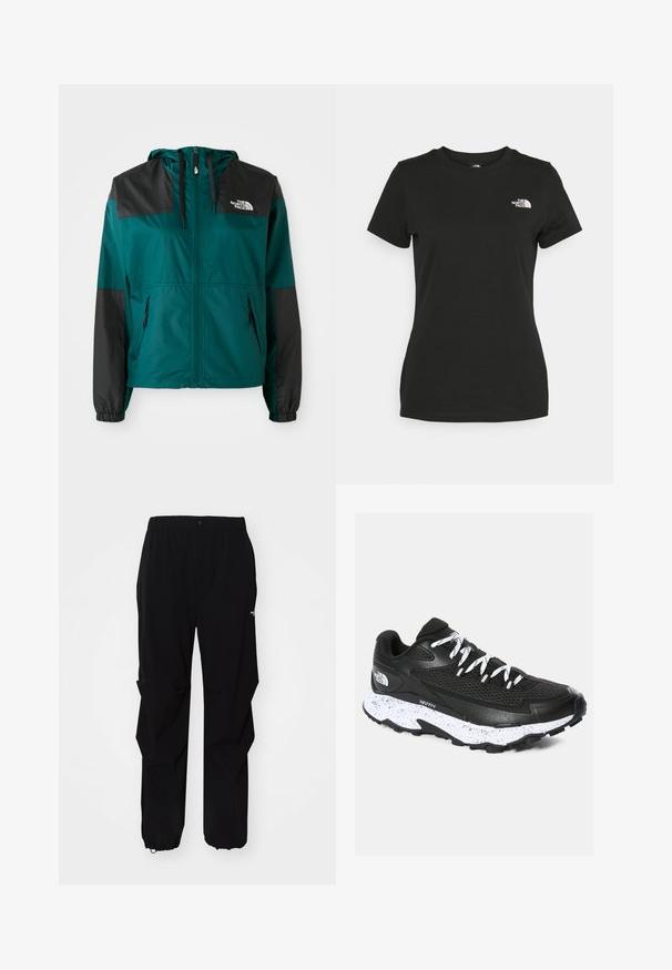 Türkiz szélálló dzseki fekete panelek díszítéssel, hozzákapcsolt kapucnival, elöl cipzárral és rugalmas mandzsettákkal. Oldalsó zsebekkel és logóval a mellkason.; Fekete pamut póló, klasszikus nyakkivágással és rövid ujjakkal. Figyelemre méltó fehér logó a bal felső oldalon. Sima textúra, laza fazon.; Fekete kültéri nadrág, tartós anyagból készült, laza fitnesz, rugalmas derékpánttal és állítható hosszúságú, behúzható szárakkal rendelkezik.; Fekete sportcipő, hálós felsőrésszel és textúrázott kialakítással. Jellemzője a fehér pöttyözött középtalpak, vastag fekete talp, valamint a fényvisszaverő cipőfűzők.